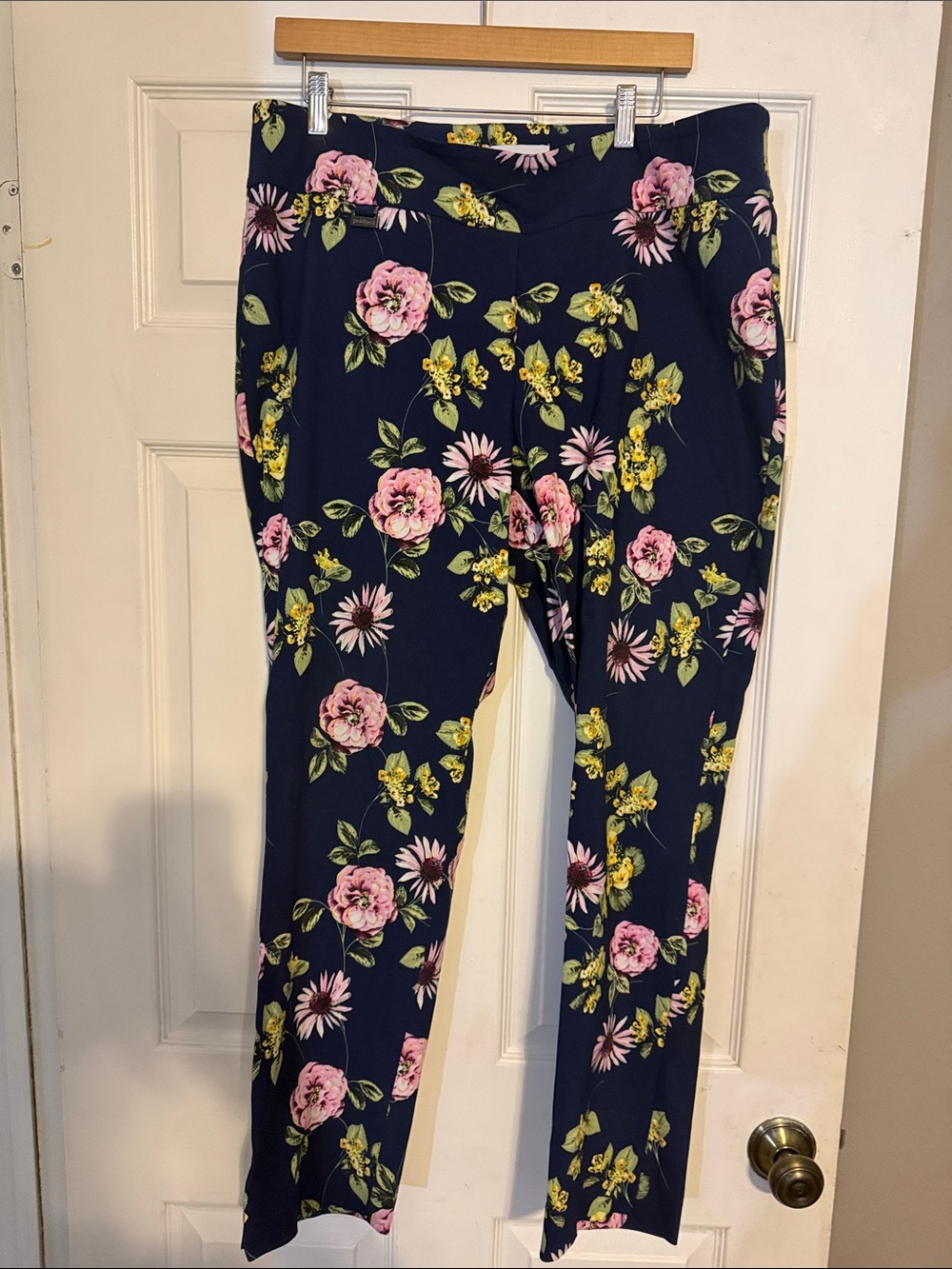 Peck & Peck Navy Floral Slim Stretch Pants with Pink & Yellow Blooms